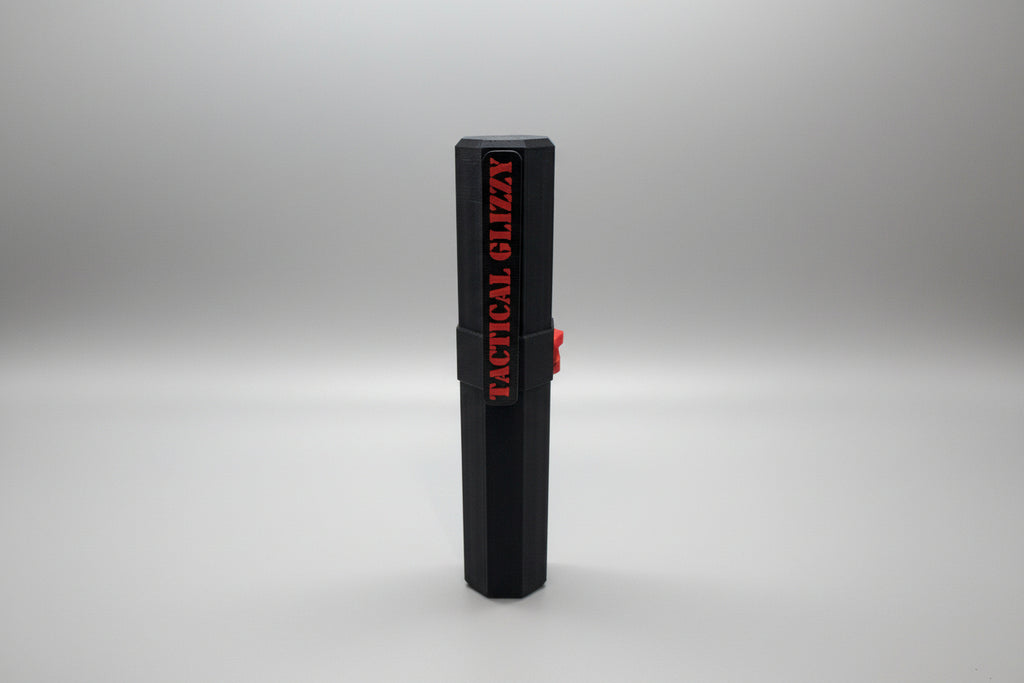 Black and red tactical glizzy against a tiled wall.